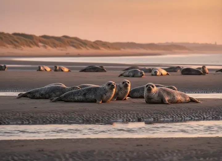 Phoques veaux-marins sur un banc de sable de la Baie de Somme