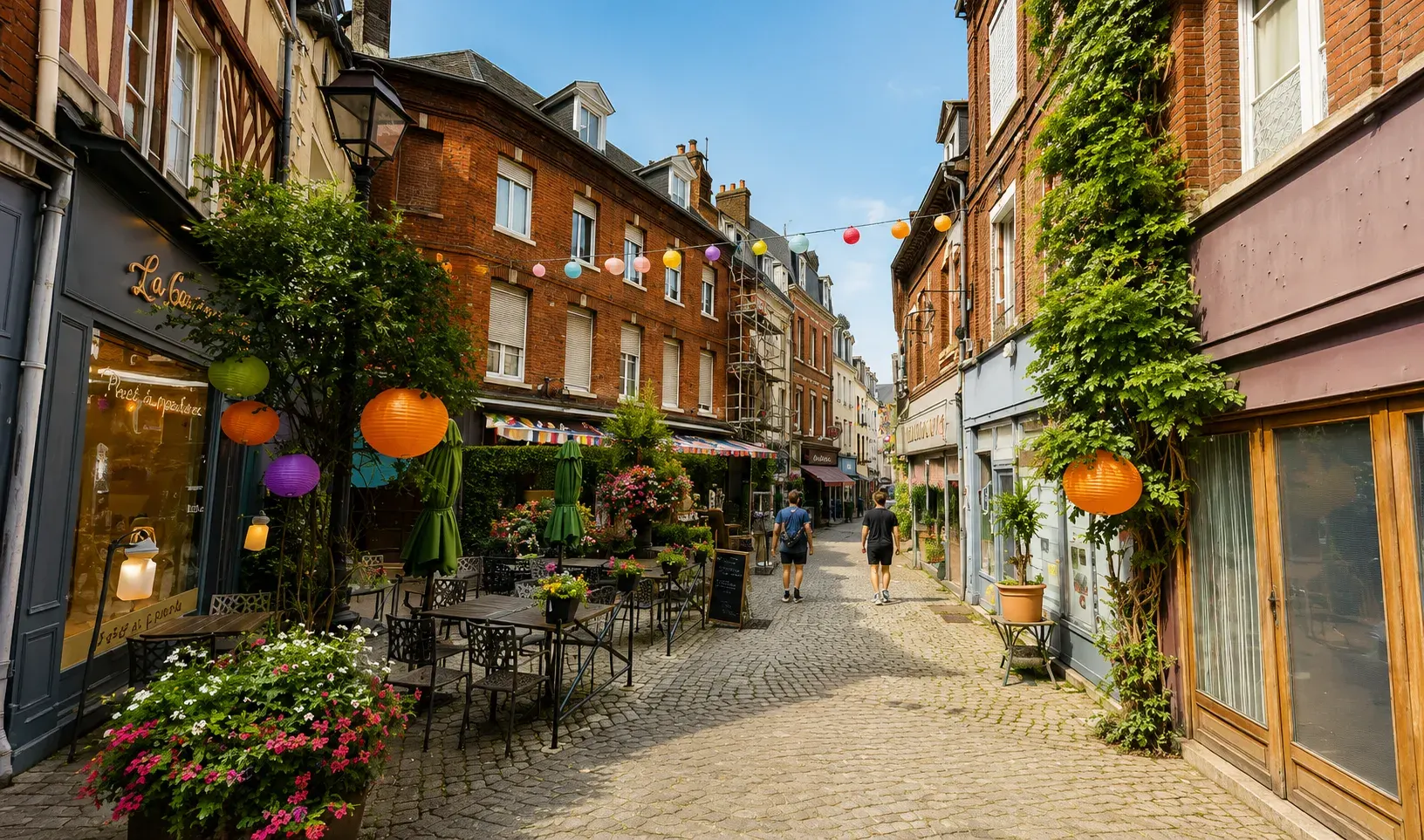 Une ruelle pavée et fleurie du centre ancien d’Eu, terrasses en été
